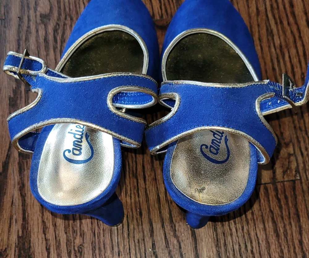 Candies Blue Faux Suede 5 Inch Platform Heels Size 7 M With Gold Trim - Picture 5 of 11